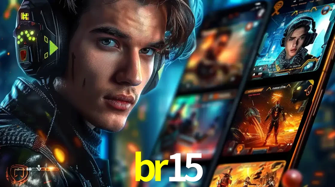 Jovem jogador com fones de ouvido olhando para a câmera, com um aplicativo de jogos e e-sports para celular ao fundo, pronto para a competição e apostas no br15.