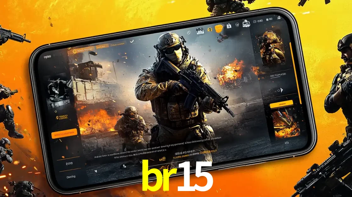 Um smartphone exibindo a interface de um jogo de tiro em primeira pessoa, com um soldado em um cenário de batalha, representando a ação dos e-sports para apostar no br15.