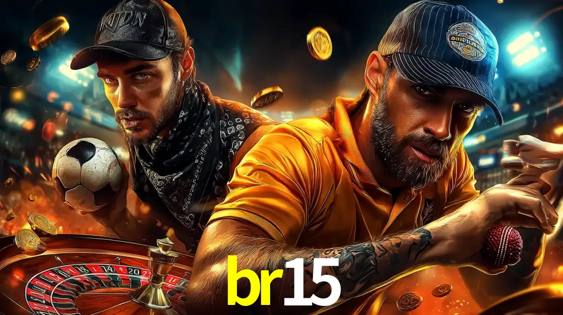 Montagem de apostas esportivas e cassino no br15, com um homem segurando uma bola de futebol e outro uma de beisebol sobre uma roleta e moedas voadoras.