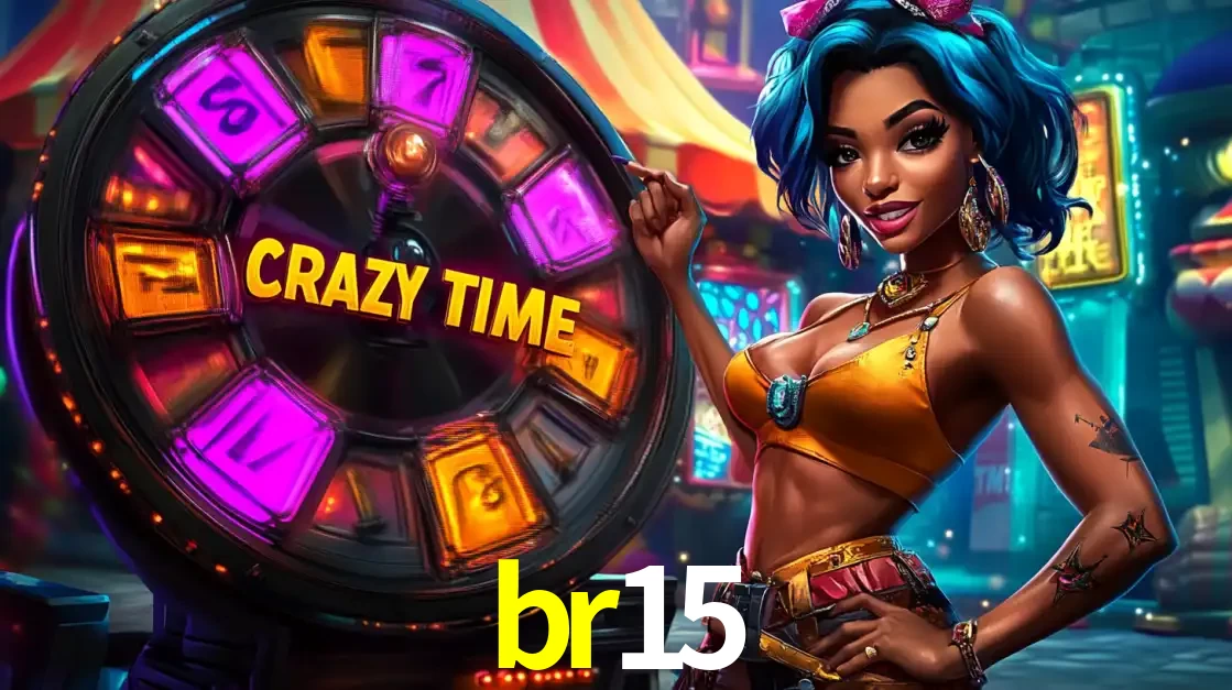 Mulher estilizada com cabelo azul e visual vibrante posando ao lado da roda de prêmios do game show Crazy Time, convidando para a diversão e os bônus do cassino br15.
