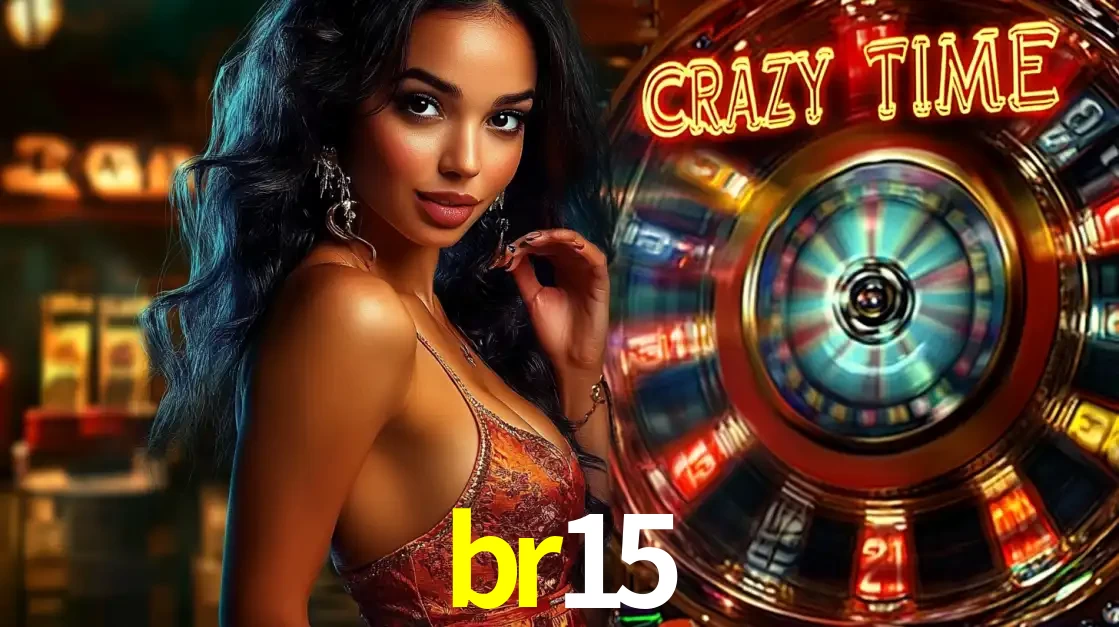 Mulher elegante ao lado da vibrante roda da fortuna do jogo de cassino ao vivo Crazy Time, um dos game shows mais populares e cheios de prêmios do br15.