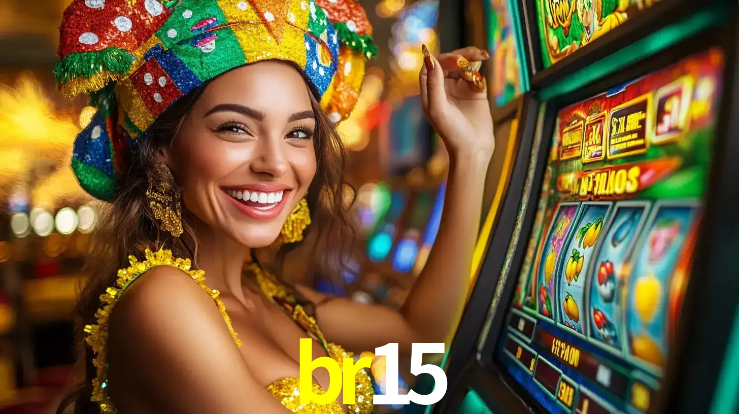Mulher feliz com traje de carnaval amarelo e colorido ao lado de uma máquina de caça-níqueis, aproveitando a diversão e os jogos temáticos do cassino br15.