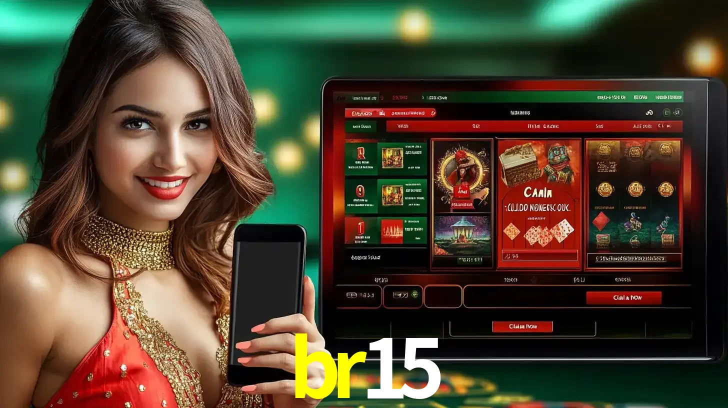Mulher sorridente segurando um smartphone, ao lado de uma tela exibindo o lobby de jogos do cassino online br15, com várias opções de jogos de cartas e slots.
